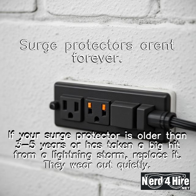 surge - Nerd 4 Hire LLC Surge protectors aren’t forever. If your surge protector is older than 3-5 years or has taken a big hit from a lightning storm, replace it. They wear out quietly.