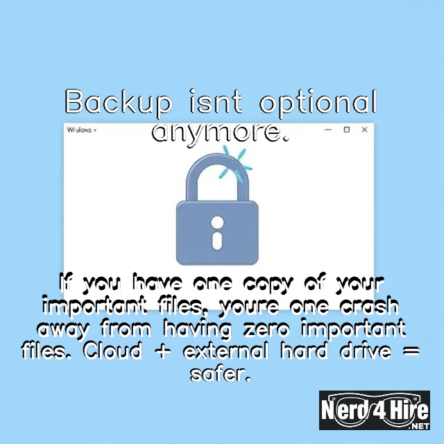 Backup isn’t optional anymore. - Nerd 4 Hire LLC Backup isn’t optional anymore. If you have one copy of your important files, you’re one crash away from having zero. Cloud + external hard drive = safer.