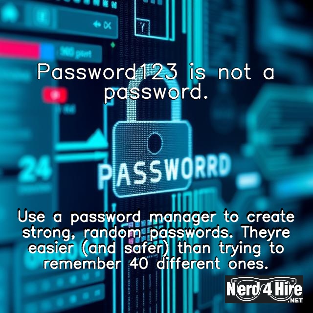 Password123 is not a password. Use a password manager to create strong, random passwords. They’re easier (and safer) than trying to remember 40 different ones.