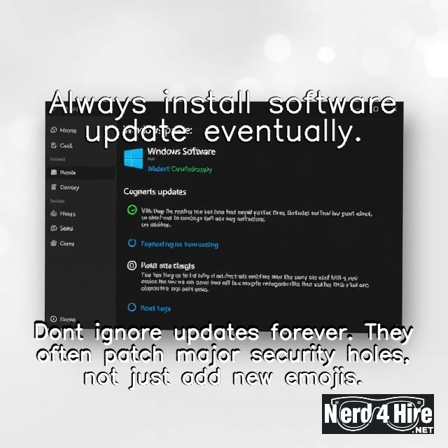 softwareUpdates - Nerd 4 Hire LLC Always install software updates… eventually. Don’t ignore updates forever. They often patch major security holes, not just add new emojis.